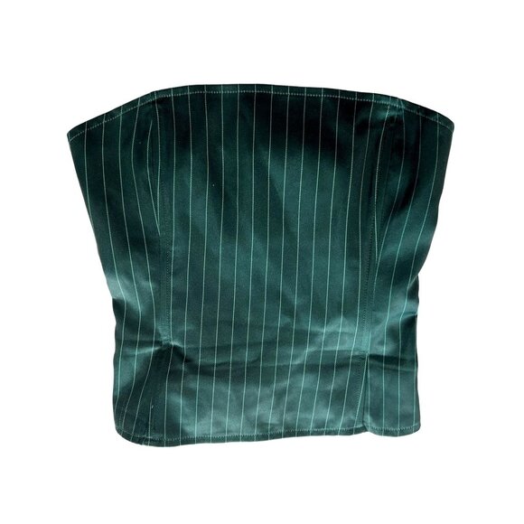 Lioness Aniston Strapless Pinstripe Satin Corset Top in Green Pinstripe - Picture 1 of 5